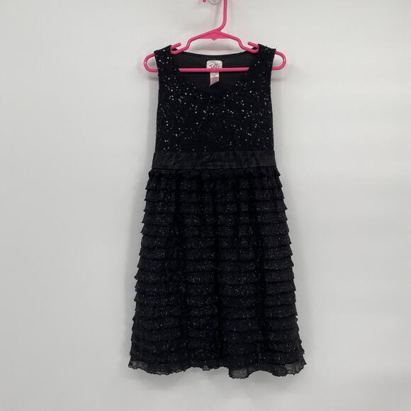Justice Sleeveless Tank Dress Black Sequin Ruffles Fit & Flare Tie Back size 8 - Picture 2 of 6